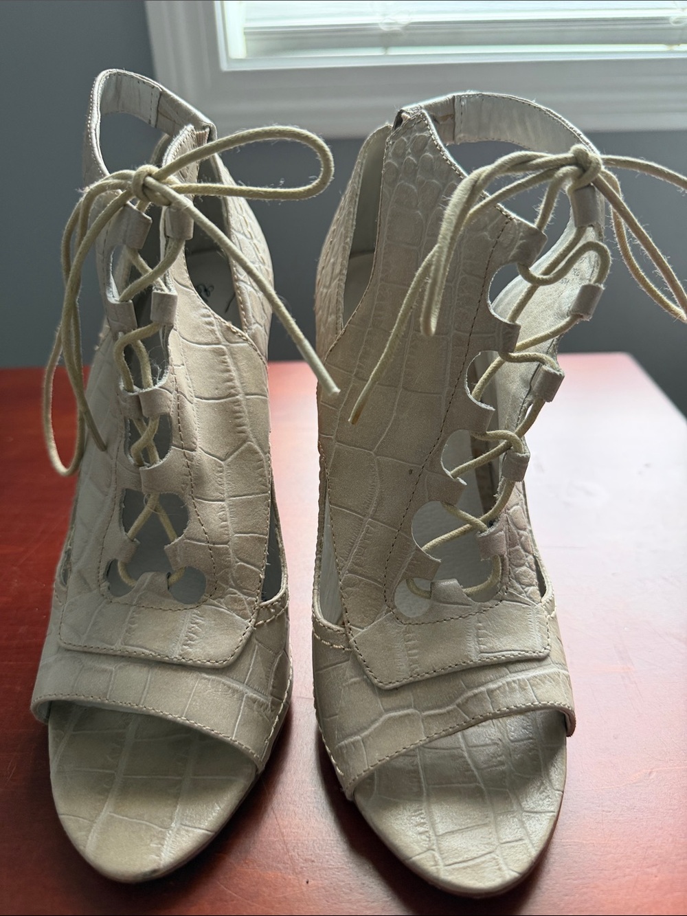 Lace-Up Croc-Embossed Open-Toe Heels in Cream
